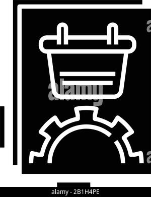 Warenkorb-Einstellungen schwarzes Symbol, Konzeptabbildung, Vektor-Flachsymbol, Glyph-Zeichen. Stock Vektor