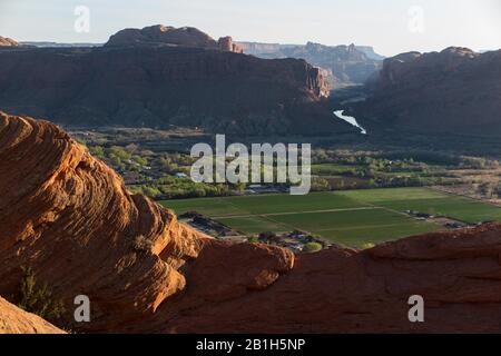 Das Bureau of Land Management gab am 24. Februar bekannt, dass es zwei Parzellen Land innerhalb des Sand Flats Special Recre 5. April 2015 - Moab, Utah, USA - Blick von einem glatten Felspfad grüner Felder und Ackerland mit dem Fluss Colorado und Schluchten dahinter entfernen würde. Der Slickrock Trail ist ein beliebtes Mountainbike-Ziel mit weltweitem Ruhm. Diese 20,9 km lange Schleife führt unerschrockene Reiter über eine Landschaft von "versteinerten" Sanddünen und den erodierten Überresten antiker Seebeete. Der Slickrock Trail ist eine der schwierigeren Fahrten im Moab-Gebiet, sowohl technisch als auch kardiovaskulär und Stockfoto