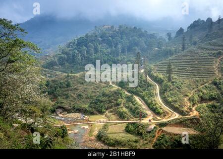 Hängebrücke überspannt Bäche mit Bergwegen. Schöne Landschaft der Bergregion Sa Pa in der Provinz Lao Cai, Vietnam Stockfoto