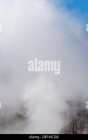 Heißes Wasser und Dampf schießen aus dem Boden in den Himmel. Stockfoto