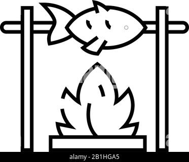 Fischfang auf einem Spit Line Icon, Concept Sign, Outline Vector Illustration, Linear Symbol. Stock Vektor
