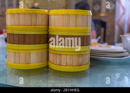 Dimsum Bambusdampfer Boxen in Hongkong Restaurant Stockfoto