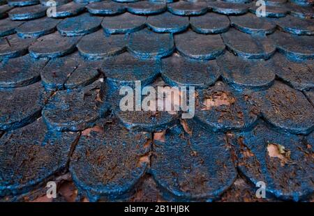 Alte rustikale Holzdachschindeln in blauer Farbe mit Schälchen und Überresten alter Farbe. Abstrakter Holzhintergrund mit Kopierraum Stockfoto