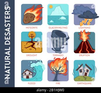 Umwelt, Naturkatastrophen oder Kataklysmen und Katastrophen isolierten Ikonen Stock Vektor