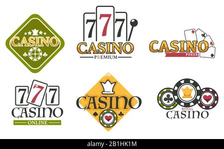 Casino-Logos mit Lucky Seven auf Spielautomat und Roulette Stock Vektor