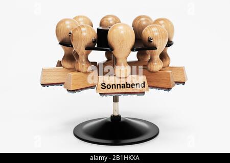 In einer Stempelablage hängt ein Stempel mit der Aufschrift Sonnabend (Samstag) Stockfoto