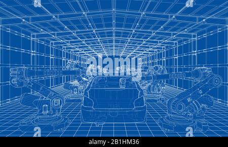Montage des Kraftfahrzeugs. Roboterausrüstung macht Montage des Autos. Blaupause. Vektorrendering aus 3D-Modell Stock Vektor