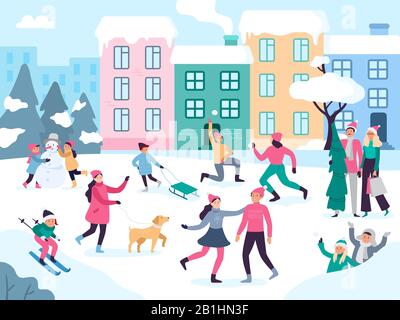 Aktivitäten in der Winterstadt. Schnee im Freien Menschen gehen, Familienurlaub Spaß und städtische Veranstaltungen Vektorgrafiken Stock Vektor