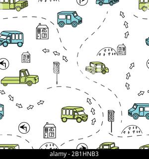 Farbiger, nahtloser Hintergrund mit verschiedenen Fahrzeugen, Schildern und Straßen. Stock Vektor