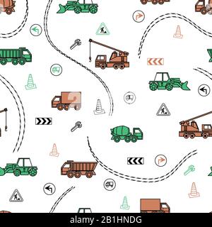 Farbiger, nahtloser Hintergrund mit verschiedenen Fahrzeugen, Schildern und Straßen. Stock Vektor