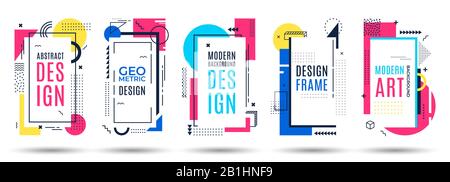 Memphis-Rahmen. Abstrakte Linien und Punktmuster, minimalistisches Rahmendesign der 80er Jahre und Vektorsatz mit Retro-Hüftdesign und geometrischen Elementen Stock Vektor