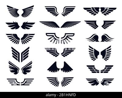 Symbol für Silhouettenpaar der Flügel. Engelsflügel, dekoratives Fliegenemblem und Adler Schablonensymbole Vektorsymbole bündeln Stock Vektor