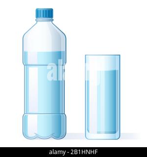 Glas Wasser und Kunststoffflasche. Hydrierung, Flaschen für reine Flüssigkeit und abgefülltes Mineralwasser trinken Cartoon-Vektor-Illustration Stock Vektor