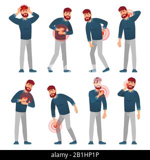Mann in Schmerzen. Schmerzen bei Männern bei Krankheit, Migränekopfschmerzen und Magenschmerzen. Schmerzhafte Verletzungen Zonen Cartoon-Vektor-Illustration Satz Stock Vektor