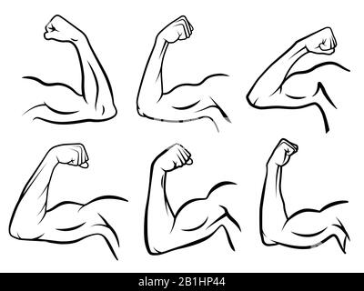 Leistungsstarker Handmuskel. Starke Armmuskeln, harte Bizeps und Hände Stärke Umriss Vektor Illustration Set Stock Vektor
