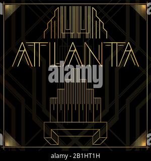 Art Deco Atlanta Text. Goldene dekorative Grußkarte, Schild mit Vintage-Buchstaben. Stock Vektor