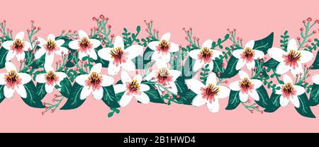 Nahtlose Vektorrahmen weiße Blumen Kirschblüte. Weiße und rosafarbene Sakura-Blüte oder japanische blühende Kirsche symbolisch für den Frühling auf rosa Repetierend Stock Vektor
