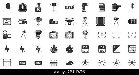 Silhouettensymbol der Fotokamera. Fotografie Kameras Verschlusszeit, Blende und Digitalkamera Belichtung schwarze Schablonen Symbole Vektor-Set Stock Vektor