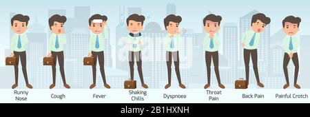 Der Geschäftsmann hat eine Krankheit in verschiedenen Pose. Symptome: Runny Nose und Husten, Fieber und Schüttelfrost sowie Dyspnoe- und Rachenschmerzen und Rückenschmerzen Stock Vektor