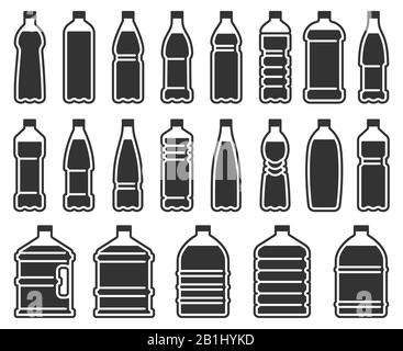 Silhouettensymbol für Plastikflaschen. Mineralwasser Getränkeflasche, kühlere reine Flüssigkeiten Paket Schablonenvektor-Icons Set Stock Vektor