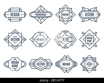 Geometrische Beschriftungen. Geometrische Abzeichen, minimale Dreiecke und abstrakte Designformen kennzeichnen Vektorgrafik-Set Stock Vektor