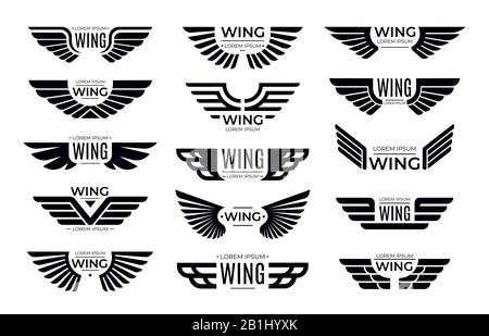 Flügelschilder. Fliegendes Emblem, Adler Vogelflügel und geflügelter Rahmenvektor gesetzt Stock Vektor