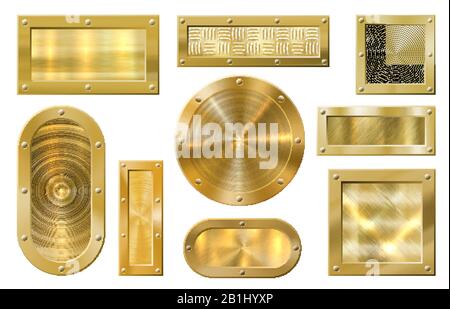 Goldenes Metallbanner. Goldene Platte, strukturierte Metallgolds Banner und realistisches Vektorset mit Premiumrahmen Stock Vektor