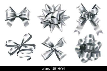 Realistische Silber-Folienbogen. Dekorativer Bogen, Metallic-Favor-Band und weihnachtsgeschenk-bögen 3D-Vektorgrafik-Set Stock Vektor