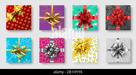 Geschenkschachteln mit Schleife. Geschenke Dekorationsbögen, weihnachtsfeiertage Draufsicht präsentiert Boxen 3D realistische Vektorgrafiken Stock Vektor