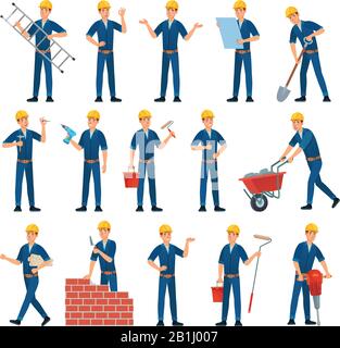 Cartoon-Mitarbeiter-Figur. Techniker, Bauarbeiter und Mechaniker. Vektorgrafiksatz für männliche Arbeiter Stock Vektor