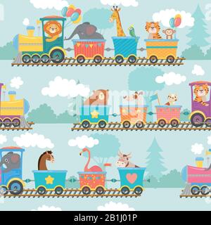Nahtlose Tiere im Zugmuster. Fröhliches Tier im Eisenbahnwagen, Zugfahrt und Kinder-Cartoon-Vektorgrafiken Stock Vektor