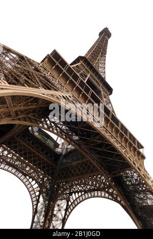 Der Blick auf den majestätischen Eiffelturm ist in Weiß, Paris, Frankreich isoliert Stockfoto