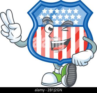 Niedliches Cartoon-Maskottchen-Bild von Schild-Abzeichen USA mit zwei Fingern Stock Vektor