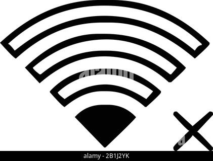 Kein wifi, Wi-Fi, Symbol für drahtlosen Internetzugang, Umrisse, Vektorgrafiken, in schwarz-weißer Farbe, isoliert auf weißem Hintergrund Stock Vektor