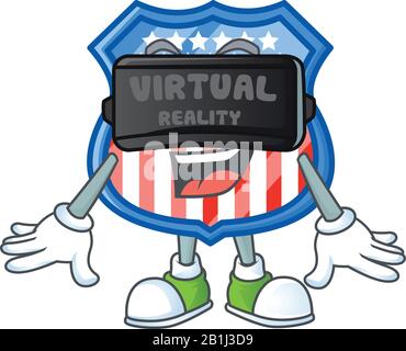 Ein cleverer Charakter von Schild-Abzeichen USA mit Virtual Reality Headset Stock Vektor