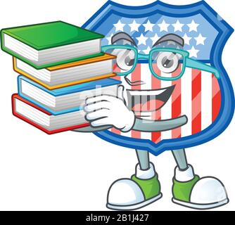 Eine trickige Zeichentrickfigur von Schilderabzeichen USA, die mit einigen Büchern studiert Stock Vektor