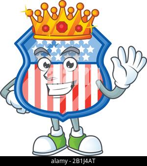 Ein schillerndes Schild, das in den USA von King auf dem Cartoon-Maskottchen-Design stilisiert wurde Stock Vektor
