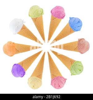 Satz von Eis in der Waffel Kegel auf weißem Hintergrund. Stockfoto