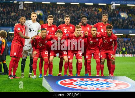 Champions League, Chelsea-München, London, 25. Februar 2020. Teamfoto: David ALABA, FCB 27 Manuel NEUER, FCB 1 Benjamin PAVARD, FCB 5 Robert LEWANDOWSKI, FCB 9 Alphonso DAVIES, FCB 19 Jerome BOATENG (FCB 17) Serge GNABRY, FCB 22 Thomas MUELLER, MÜLLER, FCB 25 Joshua KIMMICH, FCB 32 Thiago ALCANTARA, FCB 6, FCB Kingcomsley FC CB 29 FC CHELSEA - FC BAYERN MÜNCHEN 0-3 UEFA Fußball Champions League, London, 25. Februar 2020, Saison 2019/2020, Runde der letzten sechzehn, FCB, Bayern, München © Peter Schatz / Alamy Live News Stockfoto