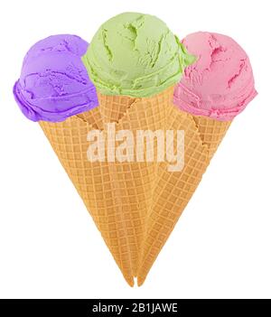 Satz von Eis in der Waffel Kegel auf weißem Hintergrund. Stockfoto