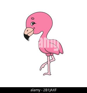 Rosafarbener Flamingo. Niedliche flache Vektorgrafiken im kindlichen Cartoon-Stil. Lustiger Charakter. Isoliert auf weißem Hintergrund Stock Vektor