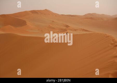 Sossusvlei Rotsanddünen-Wüste in Namibia mit Mann/Tourist auf Sanddüne sitzen und die Aussicht genießen. Nebeliger und bewölkter Himmel nach Sandsturm . Stockfoto