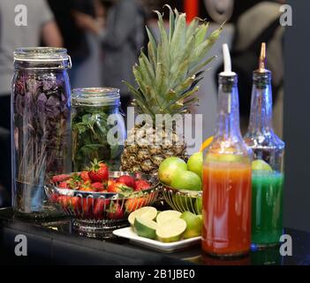 Set aus Früchten, Kräutern und Säften für den Barkeeper Stockfoto
