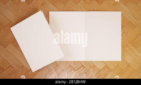 Bifold Broschüre auf Holzboden 3d Rendering Stockfoto