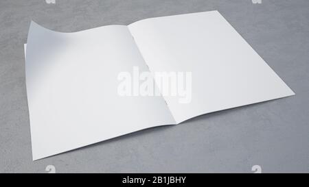 Bifold-Magazin über Betonhintergrund verspotsen 3D-Rendering Stockfoto