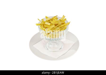 Heißer Appetithappen Chispa Straw, Golden, mit Grüns, Zwiebel, frittiert, in Öl vor Alkohol gebraten, Essen auf dem Teller, weißer isolierter Hintergrund, Seitenansicht. Stockfoto