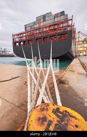 Containerfrachtschiff im Liegeplatz an Containerhafen festgebunden. Transportindustrie und Versandlogistik. Export und Import von Geschäften Stockfoto