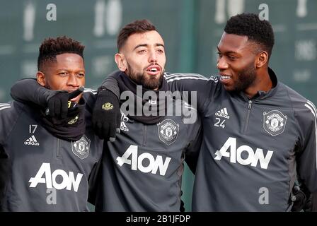 Diogo Dalot von Manchester United (von links nach rechts), Fred, Bruno Fernandes und Timothy Fosu-Mensah während der Trainingseinheit im Aon Training Complex, Manchester. Stockfoto