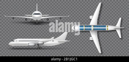 Realistisches weißes Flugzeug, Luftschiffer isoliert. Flugzeug im Profil, von vorne und von oben. Sitzgruppe für Passagierflugzeug. Vektorgrafiken Stock Vektor