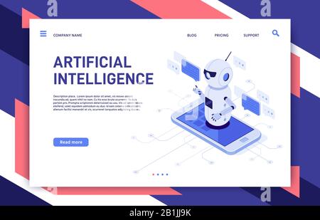 Mobiler Chatbot. Künstlicher Intelligenz Chat-Assistent bot in Smartphone-App und isometrische Vektordarstellung des Bildungsroboters Stock Vektor